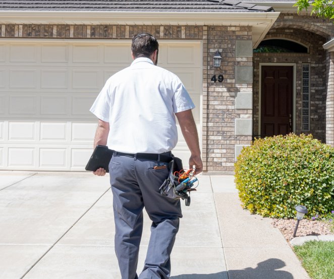 A uniformed technician with a tablet and tool belt walking up a driveway toward a suburban house